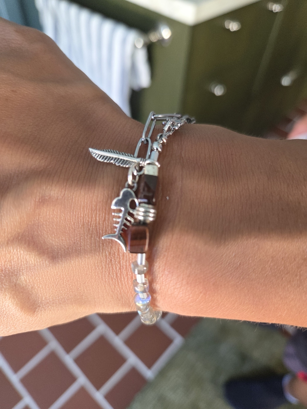 Mens Labradorite Tiger Eye Charm Bracelet with Fishbone & Feather Accents